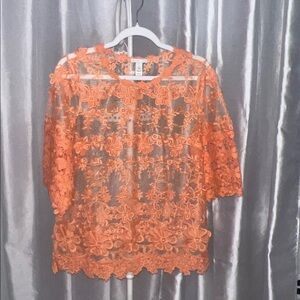 orange lace embroidery 3/4 sleeves blouse